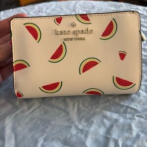 Kate Spade Watermelon Print Leather Medium Compact Wallet Cream Green